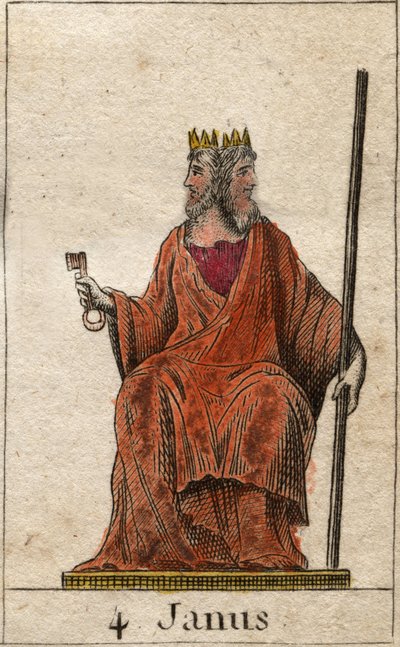 Representasjon av Janus, begynnelsens guddom og passasjer, han er representert med to ansikter (Janus (eller Ianus) er guden for porter, dører, begynnelser og avslutninger, representert med to ansikter og en nøkkel). Fra "Mythology of Youth" av Pierre Blan av French School