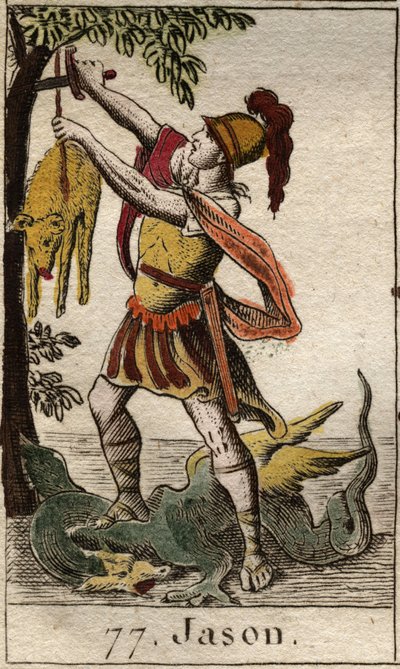 Representation of Jason, recuperating the Golden Fleece, fleece of Chrysomallos, belier wing, after triumph of the sleeping dragon who guarded the Golden fleece and catch it. From “Mythology of Youth” by Pierre Blanchard 1803. av French School