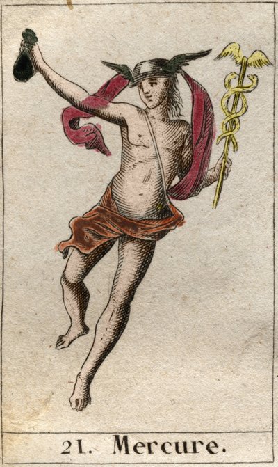 Representasjon av Merkur, gud for handel, reise og budbringer for andre guder. Han holder en caduceus, og bærer en petase (Mercury, handelsguden og budbringer for de andre gudene, han holder en caduceus og bærer en petasos). Fra "Mythology of Youth&qu av French School