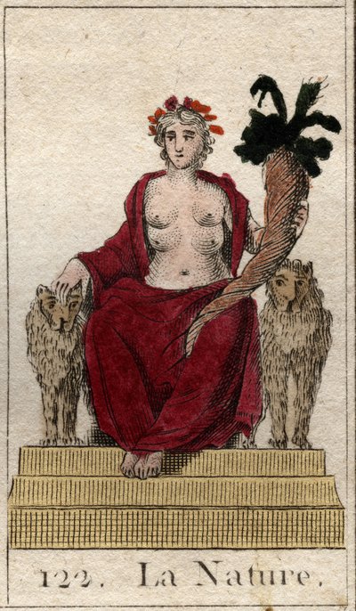 Representasjon av naturen som en kvinne på en trone med et horn av overflod, med mange bryster for å mate alle vesener. (Naturen som en ung kvinne med et overflødighetshorn og flere spener for å mate alle vesener). Fra "Mythology of Youth" av Pierre Blanch av French School