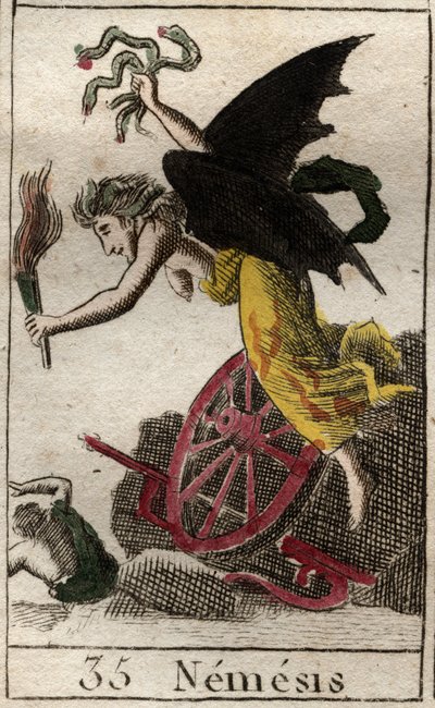 Representasjon av Nemesis, hevnens gudinne, representert som en kvinne ailee som holder en fakkel, og slanger, hjul og ror indikerer at de forfulgte ofrene hennes til sjøs og til lands. (Nemesis, hevnens gudinne, representert som en bevinget kvinne, som ho av French School