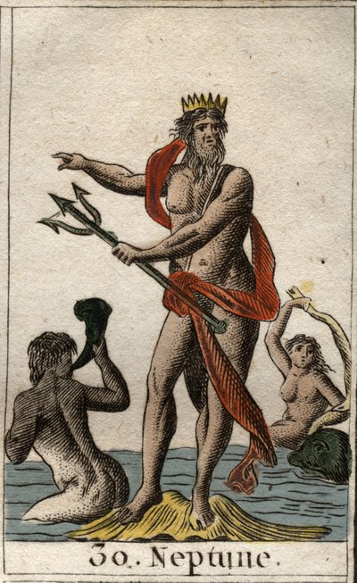Representation of Neptune, god of the seas, he holds a trident. (The God of the sea Neptune, he holds a trident). From “Mythology of Youth” by Pierre Blanchard 1803. av French School