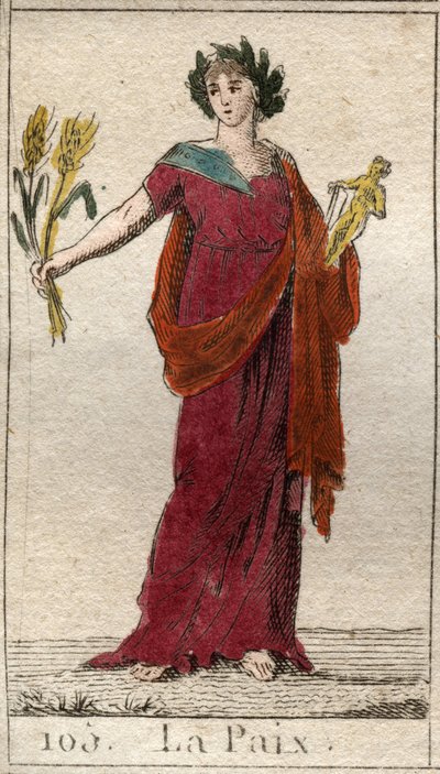 Representasjon av fred, som en kvinne kronet med laurbær, som holder en skurve. Fra "Mythology of Youth" av Pierre Blanchard 1803. av French School