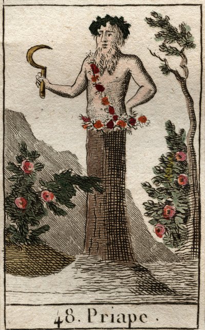 Representation of Priape, god of libertinage and fertility, often represents with a penis giant in erection, holding a sickle in his hand. (Priapus, rustic fertility god, often represented with a permanently erected penis, he holds a sickle). From “Mytholo av French School
