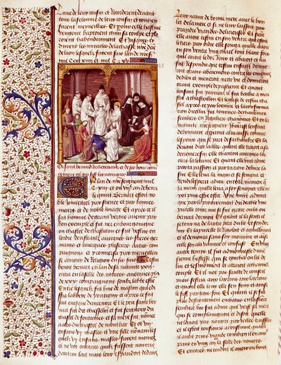 Representasjon av Sankt Bernhard av Clairvaux (San Bernardo di Chiaravalle) (1090–1153), et barn. Han er midt i bildet med en aureole over hodet. Miniatyr i «Le miroir historial» (Speculum Historiale) (ms. 1196, fol. 372) av Vincent de Beauva av French School
