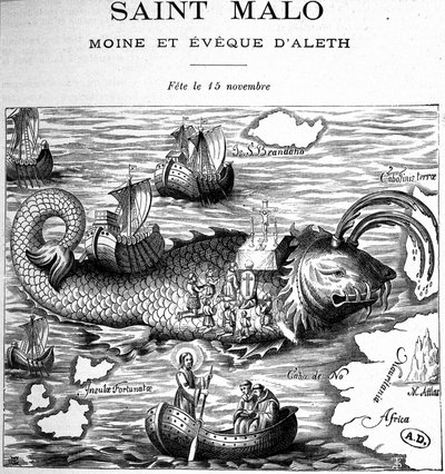 Representasjon av Saint Malo (Saint Maclou) på baksiden av en hval representert i veien for Saint Brendan (Brandan) av Clonfert eller Breanainn av Clonfert (ca. 484-577/578) - gravering av French School