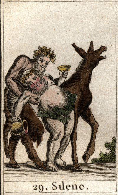Representasjon av Silene, følgesvenn av Bacchus, full, støttet av en satyr. (Vennen til Bacchus Silenus, full, støttet av en ung satyr). Fra "Mythology of Youth" av Pierre Blanchard 1803. av French School