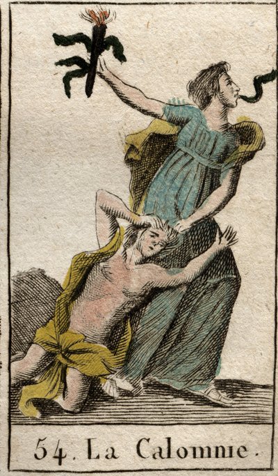 Representation of Slander, walking while dragging her mother the Envy by her hair, a snake comes out of her mouth. (Representation of Calumny, daughter of Envy she draws up by her hair, a snake come out by her mouth) from “Mythologie de la jeunesse “” by P av French School