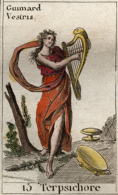 Representation of Terpsichore, muse of dance, hun spiller lyre (Representation of Terpsichore, Muse of dance, holding a lyre). Fra "Mythology of Youth" av Pierre Blanchard 1803. av French School