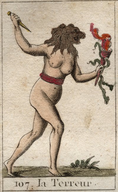 Representasjon av terror, som en kvinne med et løvehode, som holder en kniv og slanger. Fra "Mythology of Youth" av Pierre Blanchard 1803. av French School