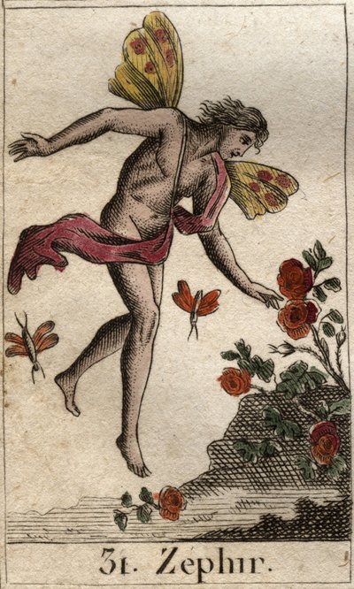 Representation of Zephyr, personification of the west wind. (Zephyrus (or Zephyr) personification of the west wind). From “Mythology of Youth” by Pierre Blanchard 1803. av French School