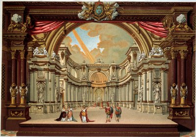 Representasjon av et skuespill av Jean Baptiste Poquelin dit Moliere (1622-1673) ved teatret til slottet i Versailles. Litografi fra 1800-tallet. Dekorativ kunst, Paris av French School