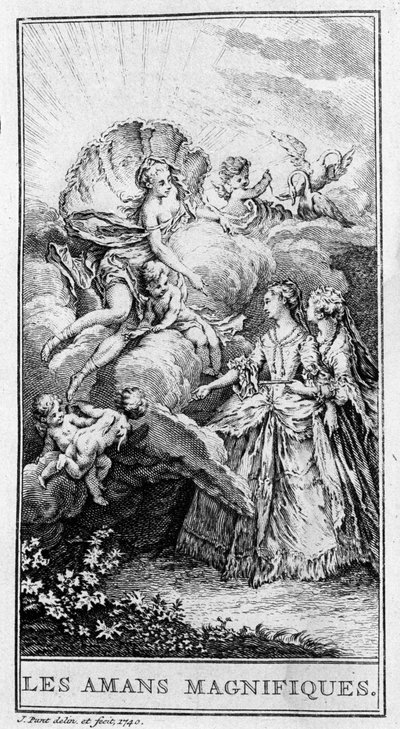 Representasjon av en scene av stykket "" Les lovers magnificients"" (1670) av Jean Baptiste Poquelin dit Moliere (1622-1673). Gravering fra 1740. av French School