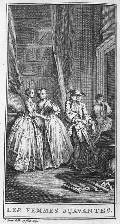 Representasjon av en scene i stykket "" Les femmes savantes"" (1672) av Jean Baptiste Poquelin dit Moliere (1622-1673). Gravering fra 1740. av French School