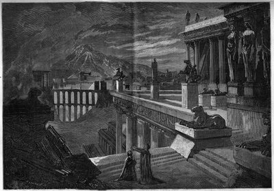 Representasjon av en opera: "" Herculanum"" på en libretto av Joseph Mery (1798-1866) og T. Hadot og en musikk av Felicien David (1808-1876). Byen Herculanum på tidspunktet for dens ødeleggelse under utbruddet av Vesuve (siste scene i akt V). A-en av French School