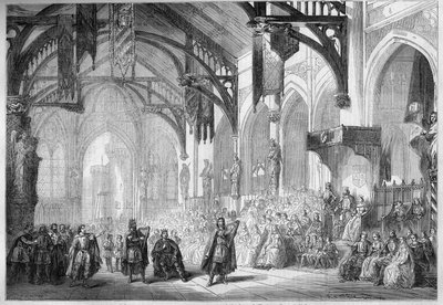 Representasjon av en opera: Landgrave Palace i Wartburg. Scenografi av akt II av "Tannhauser" av Richard Wagner (1813-1883). Opera de Paris av French School