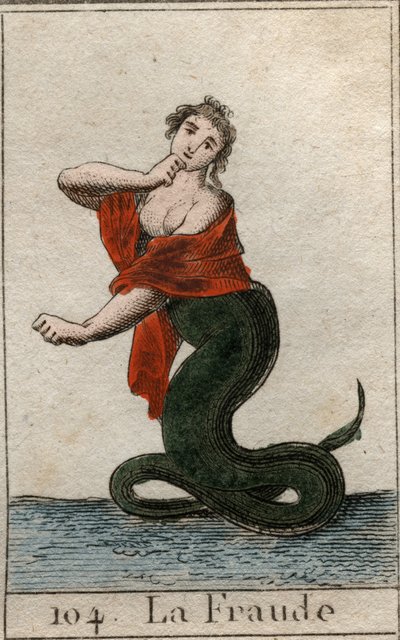 Representation of cheating (dishonesty), as a dangerous snake with a smiling head of woman). From “Mythology of Youth” by Pierre Blanchard 1803. av French School