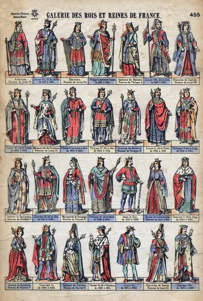 Representasjon av konger og dronninger av Frankrike fra Capetian-dynastiet (fra Louis VII til Charles VIII). Illustrasjon sent på 1800-tallet. av French School
