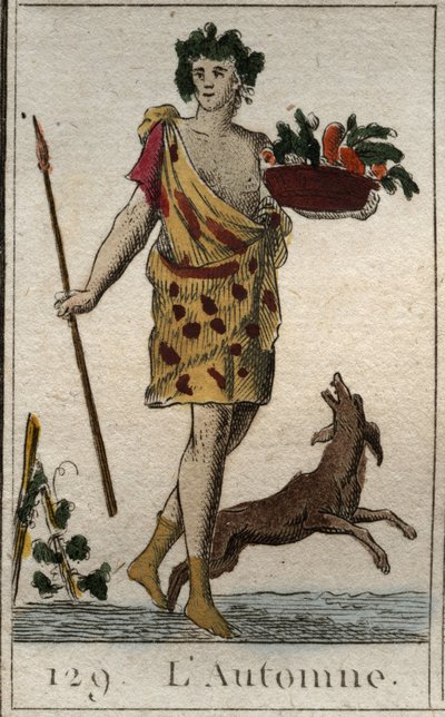 Darstellung der Herbstsaison als Vertumnus, der einen Korb mit Früchten hält, mit einem Hund. Aus „Mythologie der Jugend“ von Pierre Blanchard 1803. von French School