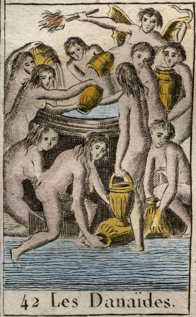 Representation of the Danaides, daughters of King Danaos, condemned to the Underworld, endlessly filling a bottomless barrel, for killing their cousins and husbands. (The Danaides, daughters of Danaus (or Danaos) punished by the Gods in Tartarus to carry a av French School
