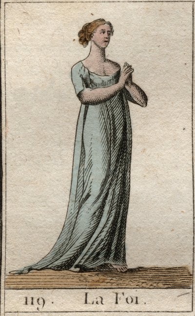 Representasjon av troen, kvinne kledd i hvitt med sammenføyde hender. (Troen som ung kvinne, kledd i hvit kjole, med sammenføyde hender). Fra "Mythology of Youth" av Pierre Blanchard 1803. av French School
