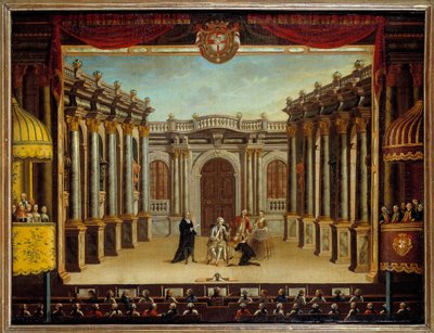 Representasjon av "" Imaginary Malad" av Jean Baptiste Poquelin dit Moliere (1622-1673) ved Menorca Theatre, Spania; utsikt over scenen. Anonymt maleri av French School