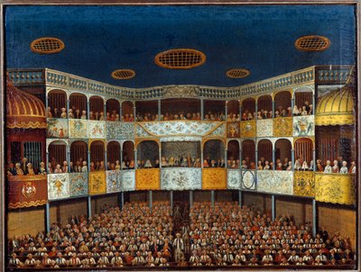 Representasjon av "" Imaginary Malad" av Jean Baptiste Poquelin dit Moliere (1622-1673) ved Menorca Theatre i Spania; utsikt over salen og publikum. Maleri fra 1700-tallet. Paris, dekorativ kunst av French School