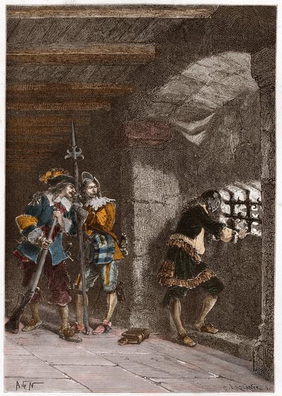 Representasjon av jernmasken (død 1703) fengslet på øya Sainte Marguerite av French School