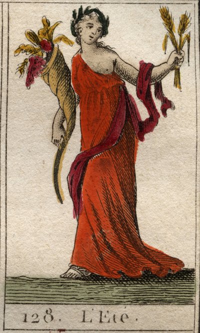 Representation of the Summer season as Ceres holding a wreath of wheat and a horn of abundance. (The Summer represented as Ceres holding a leaf and a cornucopia). From “Mythology of Youth” by Pierre Blanchard 1803. av French School
