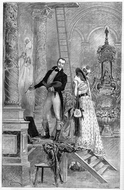 Representation of the Tosca, drama by Victorian Sardou at the Theatre de la Porte Saint Martin in 1887. Here Act 1, the Church of St. Andrea with Dumeny and Henriette Rosine Bernard called Sarah Bernhardt (1844-1923) av French School