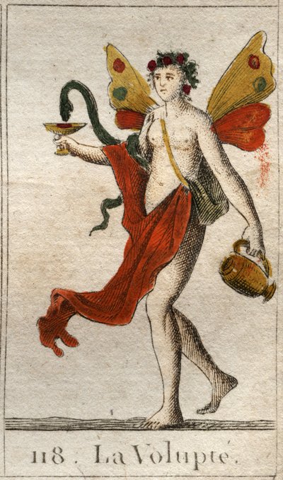 Representasjon av Volupte, naken kvinne kronet med roser, hun holder en kopp eller en slange trekker en deilig likør. (The Voluptuousness (glede), som en naken kvinne, kronet med roser, holder hun en kopp hvor en slange drikker en deilig nektar). Fra "Myth av French School