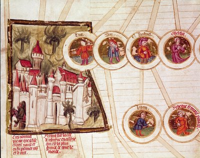 Representasjon av byen Nimrud (Kalkhu eller Kalhu eller Kalwakhum og Kalakh) og genealogien til familien til Laban og Rebecca Page hentet fra manuskriptet "Genealogy de la Bible"" fra den franske skolen. Cremone fra 1300-tallet, biblioteca governativa av French School
