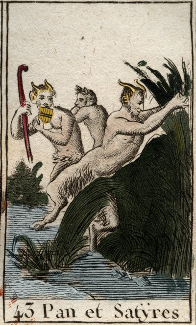 Representasjon av countryguden Pan og satyrer. Han har hårete lår, geiteføtter, og spiller fløyte (Syrinx) har flere piper. (Bondguden Pan, representert med satyrer, han har lodne bein og geiteføtter, han spiller syrinx eller panfløyte) Fra «Mythologie de av French School