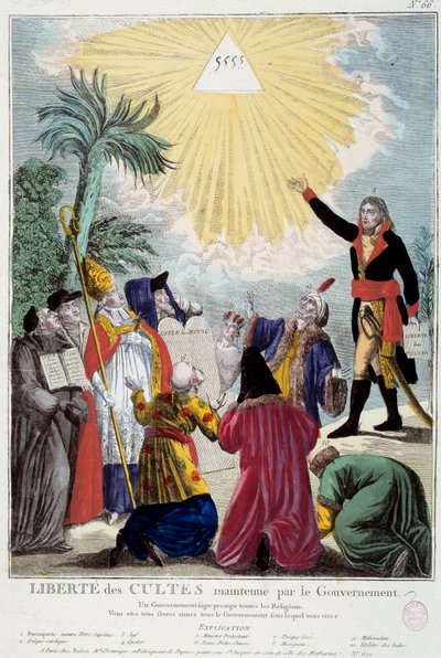 Representasjon av friheten til tilbedelse av alle religioner opprettholdt av Napoleon Bonaparte (1769-1821): den første konsulen angir treenighetens trekant som symboliserer Gud som kommer av representantene for hver religion: katolsk eveque, en jøde, en k av French School