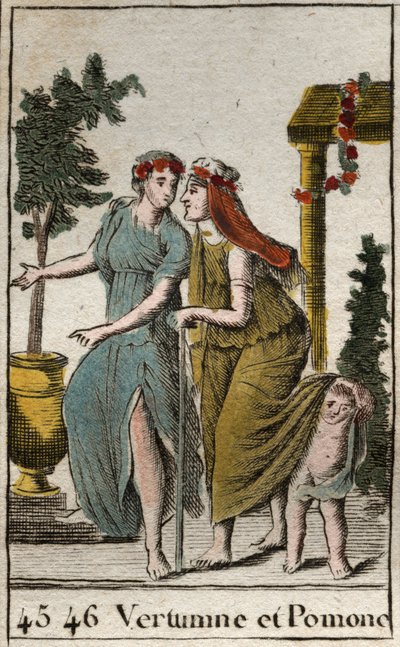 Representasjon av høstguden Vertumne og Pomonef, nymfe av frukt og hagearbeid. Vertumne tar utseendet til en gammel kvinne for å forføre Pomone. (representasjon av Vertumnus, høstens gud, med Pomona, gudinnen for frukt og hager, Vertumnus sporer Pomo av French School