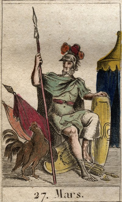 Representasjon av krigsguden Mars, våpen, nær en hane. (Krigsguden Mars bevæpnet med en stud). Fra "Mythology of Youth" av Pierre Blanchard 1803. av French School