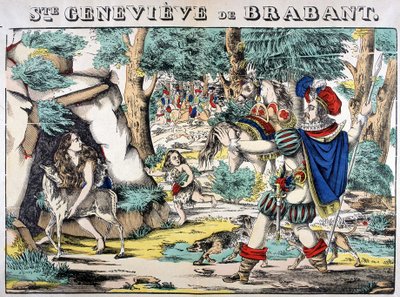 Representasjon av legenden om Saint Genevieve av Brabant. Scene av møtet mellom Genevieve forlatt i skogen og mannen hennes. Bilde av Epinal av French School
