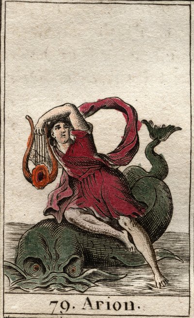 Representasjon av den legendariske greske poeten Arion de Methymne, sjarmøren av delfiner ved hans cithare (Representasjon av Arion, gresk poet som sjarmerer delfinene ved å spille kithara). Fra "Mythology of Youth" av Pierre Blanchard 1803. av French School