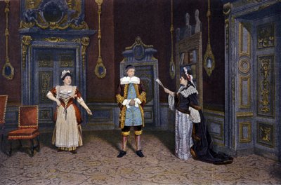 Representasjon av stykket «Les femmes savantes»» av Jean Baptiste Poquelin dit Moliere (1622-1673) ved Comedie francaise rundt 1885-1890. Fra venstre til høyre: Ms. Rachel Boyer, Mr. Leloir, Ms. Blanche Pierson av French School
