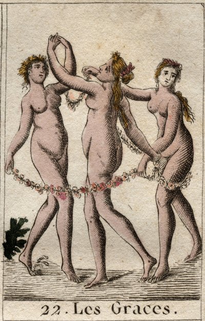 Representation of the three Graces: Aglae, Thalie and Euphrosyne, daughter of Venus and Bacchus (The Three Graces (or Charites) daughters of Venus and Bacchus. From “Mythology of Youth” by Pierre Blanchard 1803. av French School