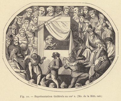 Teaterforestilling på 1300-tallet, Ms de la Bibl nat (gravering) av French School