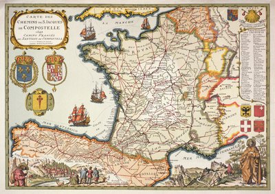 Reproduksjon av kart over rutene til St. James of Compostel, opprinnelig gravert av D.Serveaux 1648 av French School