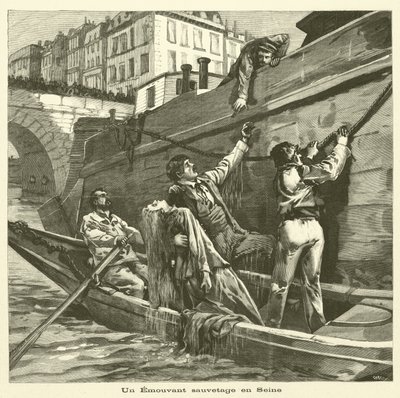 Redning av en kvinne fra elven Seinen i Paris (gravering) av French School