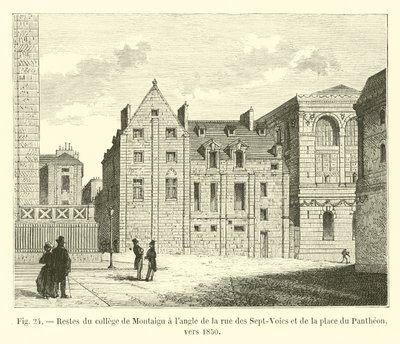 Rester av Montaigu college på hjørnet av rue des Sept-Voies og place du Pantheon, rundt 1850 av French School