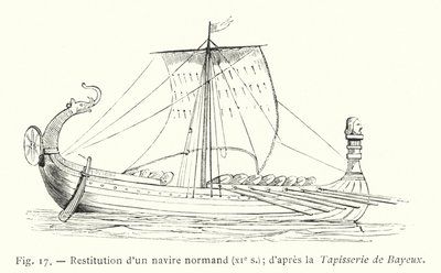 Restitusjon av et normannisk skip, 1000-tallet; etter Bayeux-teppet (gravering) av French School