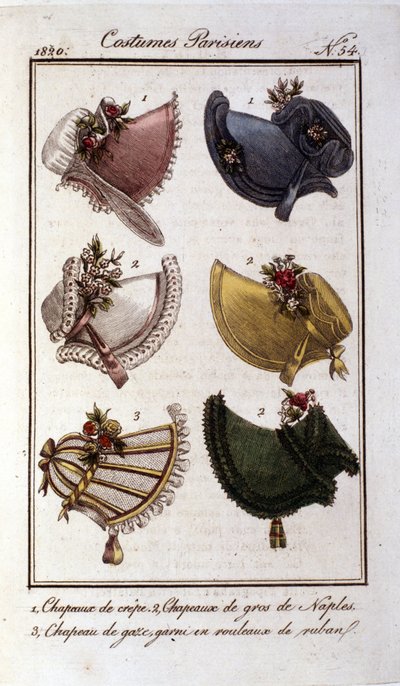 Restaureringsstil: forskjellige modeller av hatter for kvinner i krepp, gasbind og fløyel. Gravering fra 1820. av French School