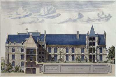 Restaurering av Chateau de Chateaudun, illustrasjon fra Le Moniteur des architectes, gravert av H. Penel (fargegravering) av French School
