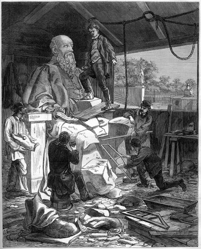 Restoration of the statues of the Corps-Legislatifs (the National Assembly or Palais Bourbon) to prepare for the World Exhibition in Paris in 1878. The restaurateurs take care of the statue of Michel de L