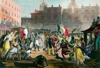 Retur av Napoleon Bonaparte (1769-1821) fra Elba Island til Grenoble i mars 1815. Gravering rundt 1815 Privat samling av French School
