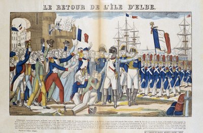 Retur av Napoleon Bonaparte (1769-1821) fra hans eksil til Elba Island i 1815. Bilde av Epinal av French School